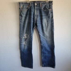 Vintage Levis 505 Medium Wash Faded Blue Denim Straight Leg Ripped Jeans 36X30